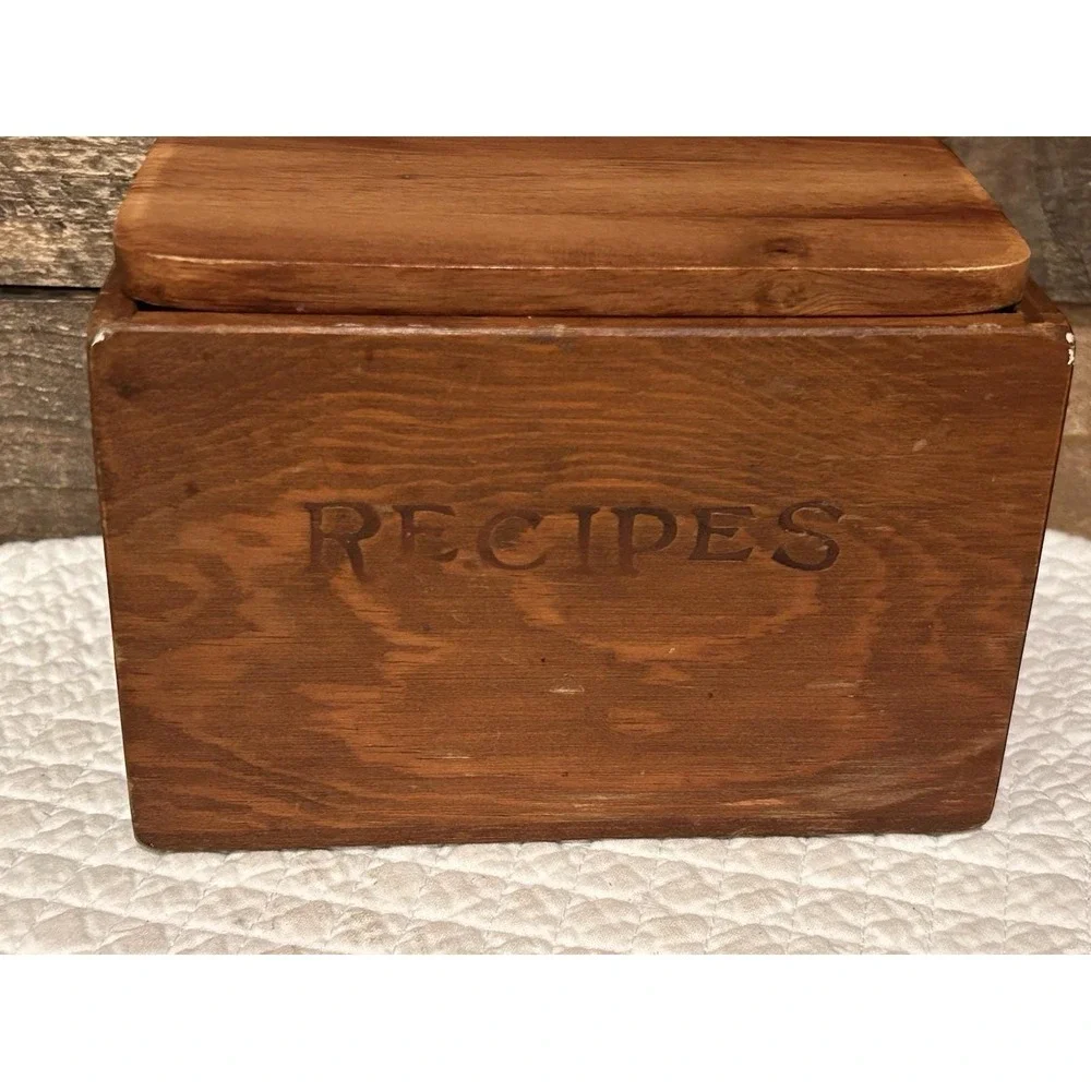 Vintage rustic wood recipe box‎ cottage core style decor open top lid 70's style